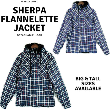 Mens Sherpa Fur Fleece Flannelette Jacket w Hood Warm Winter Button Up Cotton - Blue/White/Black