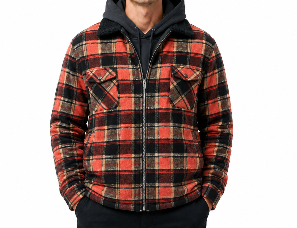 Mens Fur Sherpa Lined Check Shacket Jacket Shirt Fleece Lined in Barn Red Check - XXL