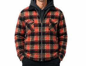 Mens Fur Sherpa Lined Check Shacket Jacket Shirt Fleece Lined in Barn Red Check - XXL