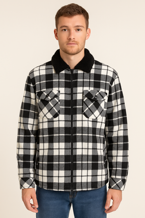 Mens Fur Sherpa Lined Check Shacket Jacket Shirt Fleece Lined in Black/Grey