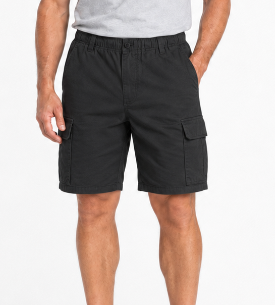 CARGO SHORTS Elastic Waist 100% COTTON Army Military PLAIN Pocket Mens S-XXL - Black - S