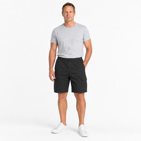Mens 100% Cotton Plain Cargo Shorts - Black (Elastic Waist w/ Pockets)
