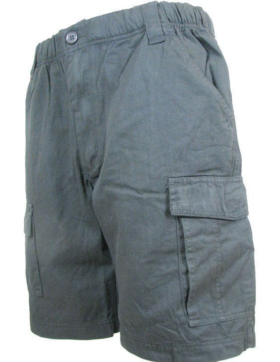 CARGO SHORTS Elastic Waist 100% COTTON Army Military PLAIN Pocket Mens S-XXL - Charcoal