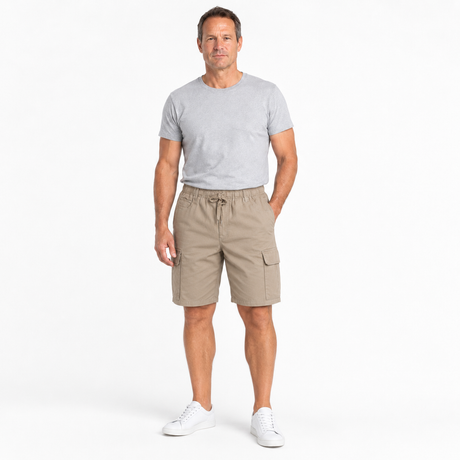Mens 100% Cotton Plain Cargo Shorts - Tan (Elastic Waist w/ Pockets)