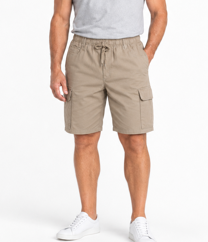 Mens 100% Cotton Plain Cargo Shorts - Tan (Elastic Waist w/ Pockets)