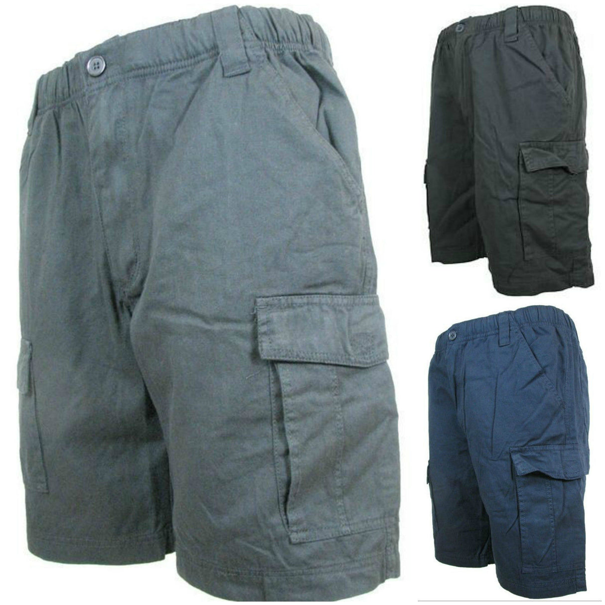 CARGO SHORTS Elastic Waist 100% COTTON Army Military PLAIN Pocket Mens S-XXL - Black