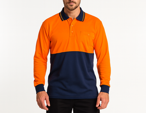 Mens Hi Vis Long Sleeve Polo Shirt Safety Workwear in Orange/Navy