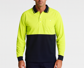 Mens Hi Vis Long Sleeve Polo Shirt Safety Workwear in Yellow/Navy