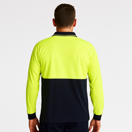 Mens Hi Vis Long Sleeve Polo Shirt Safety Workwear in Yellow/Navy