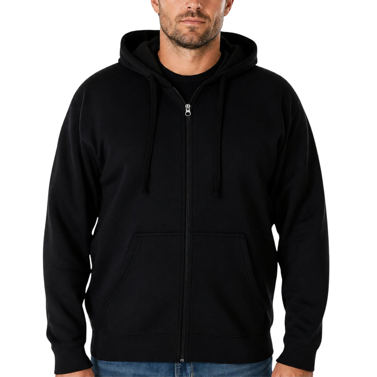 Mens PLUS SIZE ZIP HOODIE Plain Winter Fleece Jumper Sweatshirt Pockets  - Black - 6XL