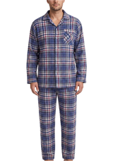 Mens 100% Cotton Flannelette Pyjama Set - Blue Check (Two Piece Soft PJs)