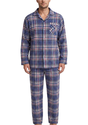 Mens 100% Cotton Flannelette Pyjama Set - Blue Check (Two Piece Soft PJs)