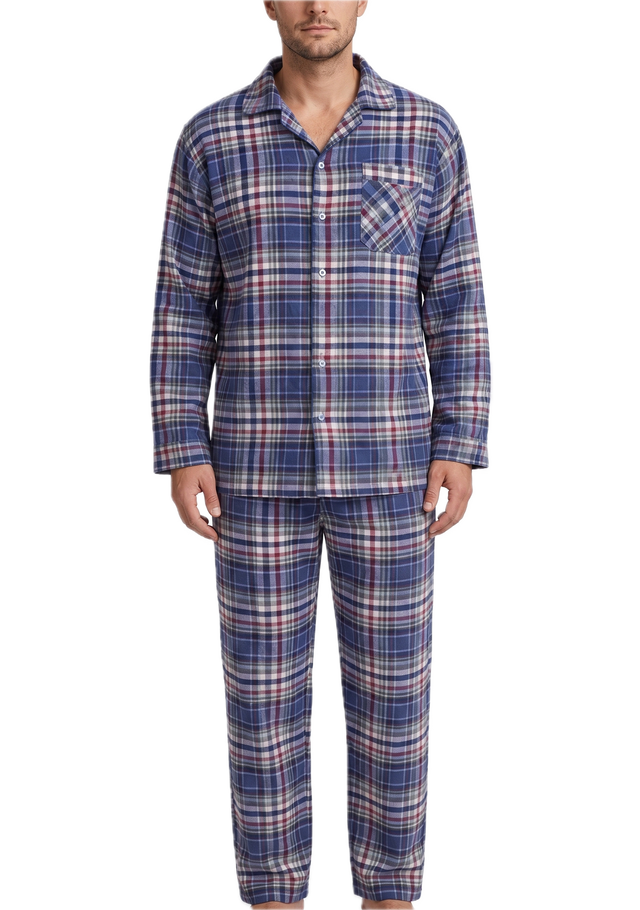 Mens 100% Cotton Flannelette Pyjama Set - Blue Check (Two Piece Soft PJs)