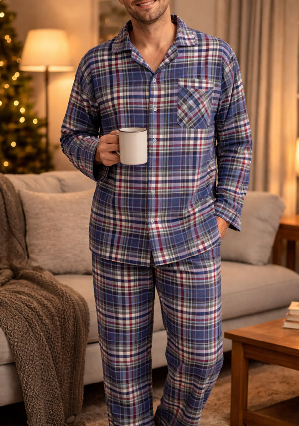 Mens 100% Cotton Flannelette Pyjama Set - Blue Check (Two Piece Soft PJs)
