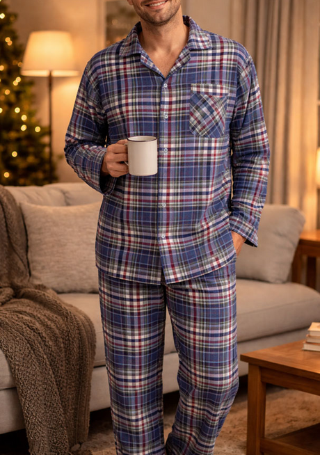 Mens 100% Cotton Flannelette Pyjama Set - Blue Check (Two Piece Soft PJs)