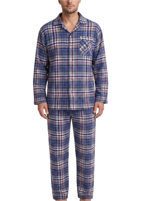 Mens 100% Cotton Flannelette Pyjama Set - Blue Check (Two Piece Soft PJs)