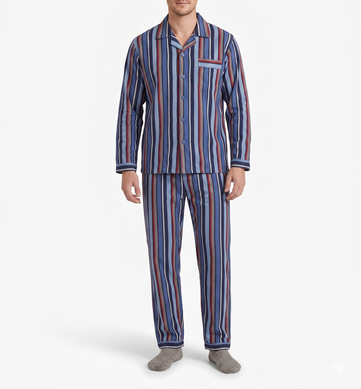 Mens 100% Cotton Flannelette Pyjama Set - Blue Stripe (Two Piece Soft PJs)