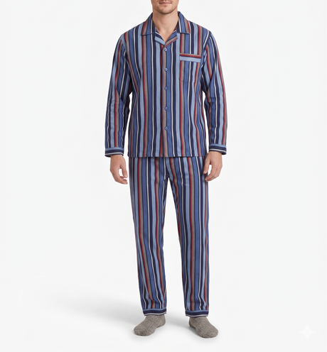 Mens 100% Cotton Flannelette Pyjama Set - Blue Stripe (Two Piece Soft PJs)