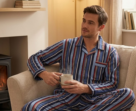 Mens 100% Cotton Flannelette Pyjama Set - Blue Stripe (Two Piece Soft PJs)