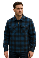 Mens Check Polar Fleece Zip Thru Long Sleeve Polar Fleece Shirt in Blue/Black