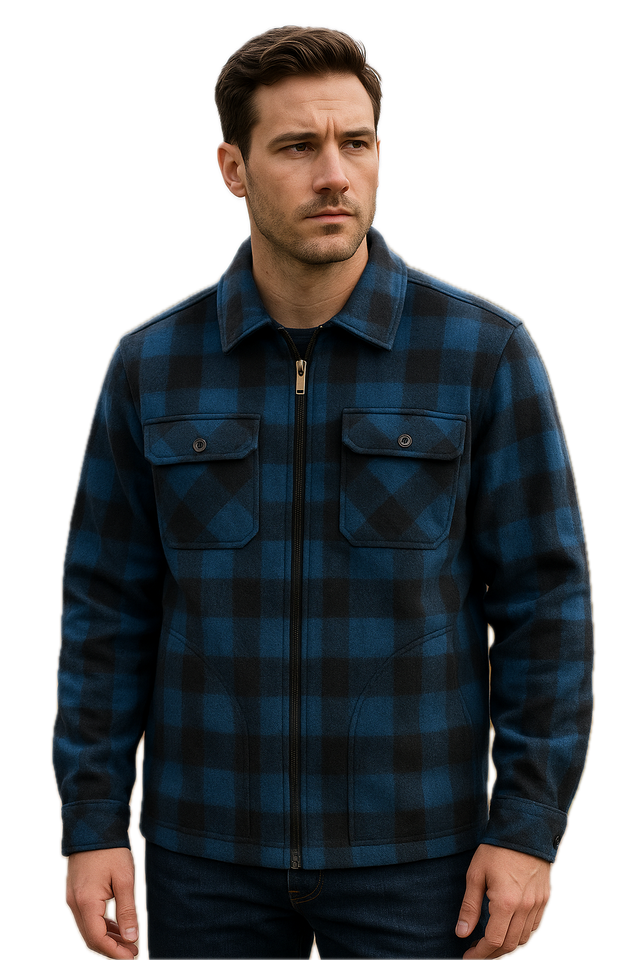 Mens Check Polar Fleece Zip Thru Long Sleeve Polar Fleece Shirt in Blue/Black