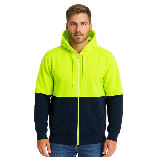 HI VIS Jumper Full Zip Hoodie Safety Workwear Fleecy Fleece Jacket Hooded - Lime/Navy - XL