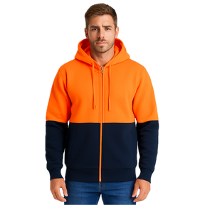 HI VIS Jumper Full Zip Hoodie Safety Workwear Fleecy Fleece Jacket Hooded in Orange/Navy