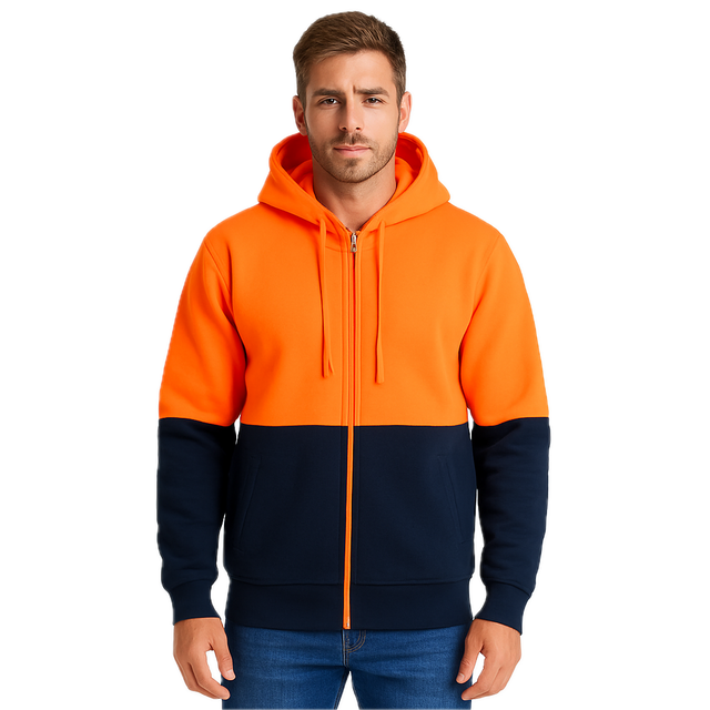 HI VIS Jumper Full Zip Hoodie Safety Workwear Fleecy Fleece Jacket Hooded in Orange/Navy
