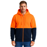 HI VIS Jumper Full Zip Hoodie Safety Workwear Fleecy Fleece Jacket Hooded in Orange/Navy