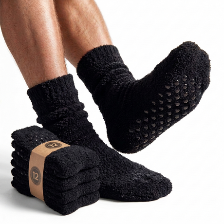 12 Pairs Mens Thick Non-Slip Bed Socks Bulk Pack - Plain Warm Winter Thermal Socks