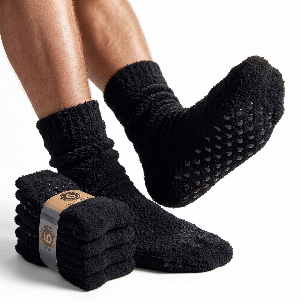6 Pairs Mens Thick Non-Slip Bed Socks Bulk Pack - Plain Warm Winter Thermal Socks