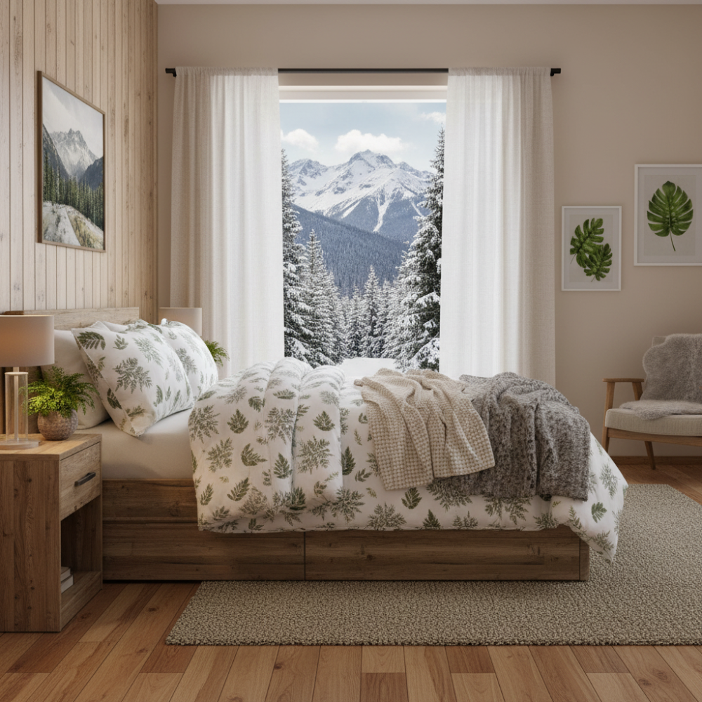 Woodland Fern Single Comforter Set w/ Fitted Sheet & 2 Pillow Covers - Green/White (4 Piece Set)
