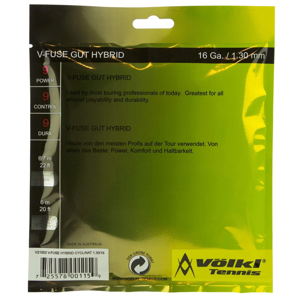Volkl V-Fuse Hybrid Tennis String 17g Natural Gut/Poly in Black/Yellow