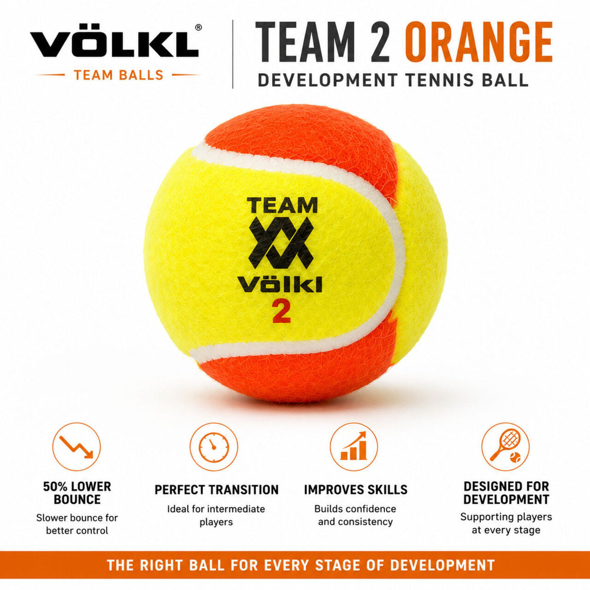 12x Volkl Team 2 Orange Tennis Balls - Low Compression Training for Beginners