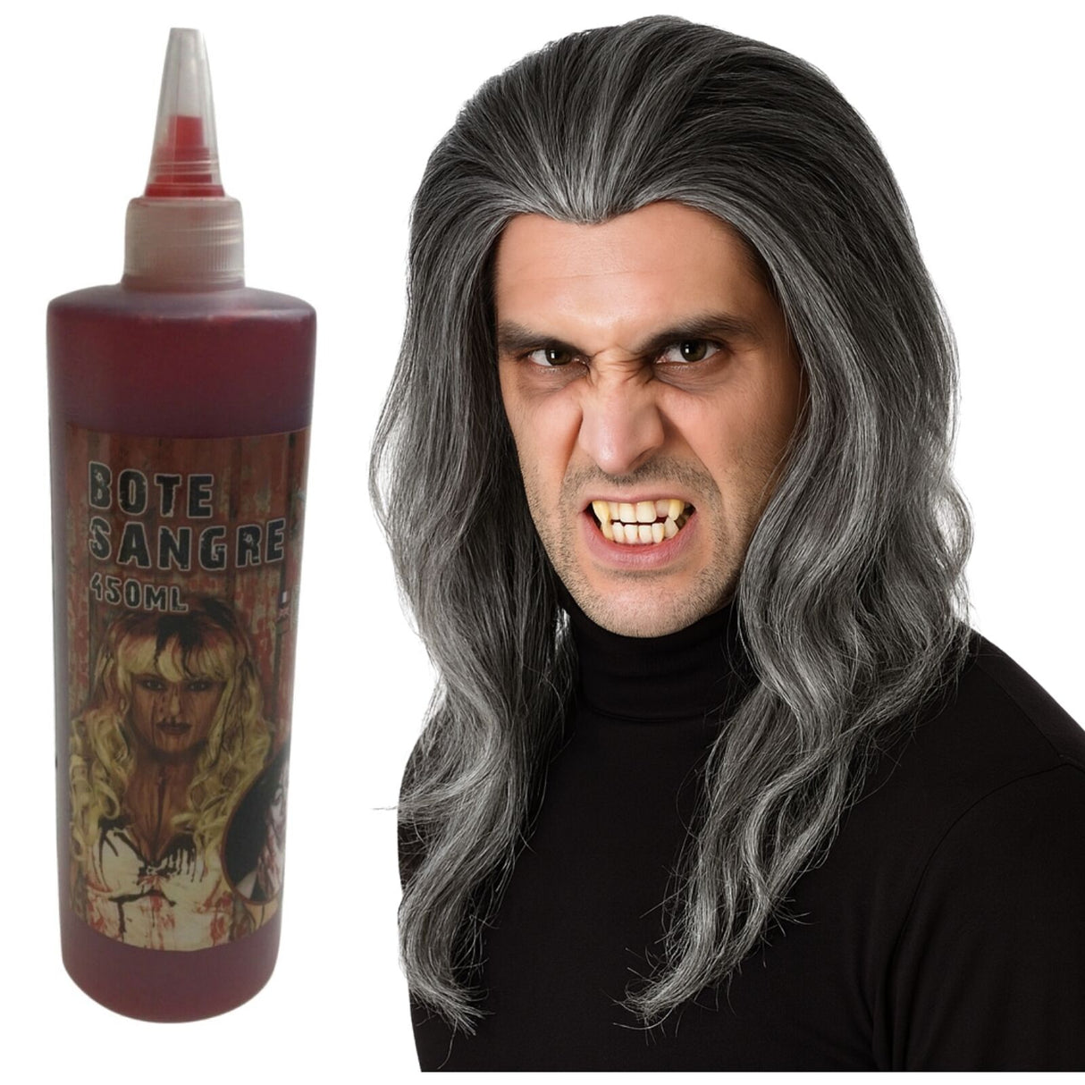 Gothic Vampire Wig + 450ml Bottle Fake Blood Halloween Costume Set Horror Scary Party