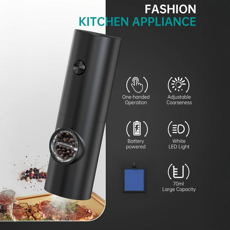Electric Salt & Pepper Grinder Set – Adjustable Coarseness, LED Light & One-Touch Control (Black)