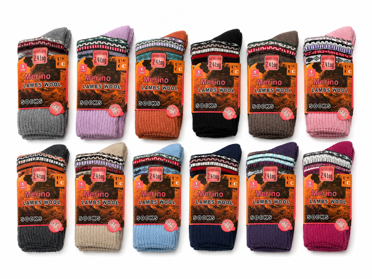 12x Womens Merino Lambs Wool Socks Warm for Winter - Size 2-8 (Assorted Colours)