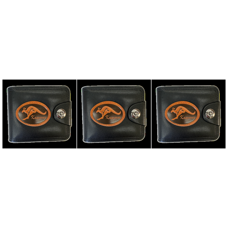 3x Australia Souvenir Kangaroo Wallet Pack - Black (Premium Faux Leather)