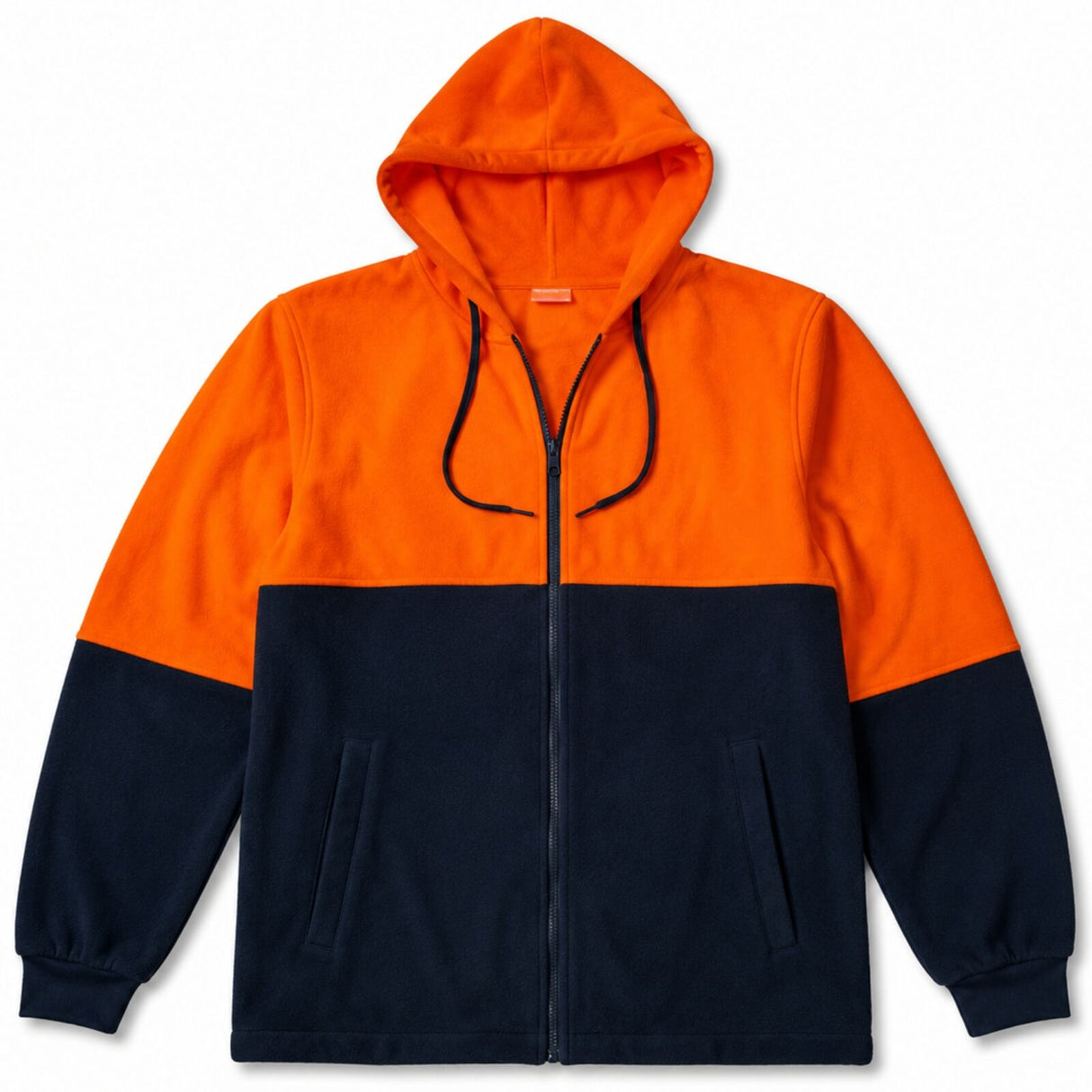 Hi Vis Polar Fleece Full Zip Hoodie Jumper - Orange/Navy (High Visibility Safety Workwear Jacket)