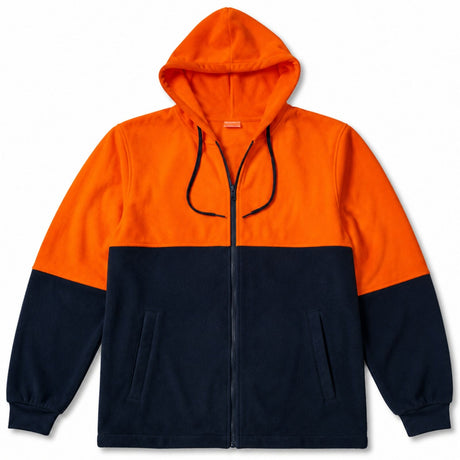 Hi Vis Polar Fleece Full Zip Hoodie Jumper - Orange/Navy (High Visibility Safety Workwear Jacket)