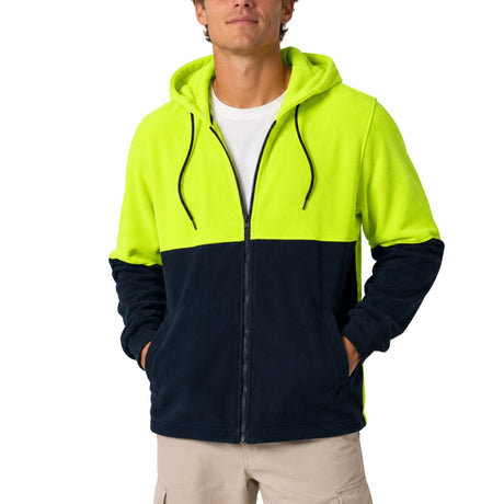 Hi Vis Polar Fleece Full Zip Hoodie Jumper - Yellow/Navy (High Visibility Safety Workwear Jacket)