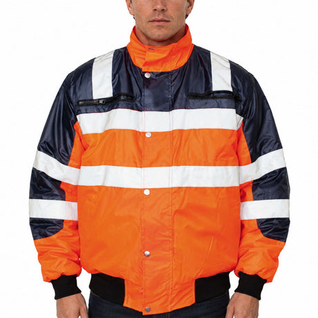 3-in-1 Hi Vis Quilted Safety Bomber Jacket - Orange/Navy (Waterproof Reflective Workwear)