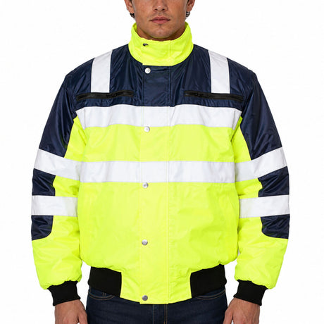 3-in-1 Hi Vis Quilted Safety Bomber Jacket - Yellow/Navy (Waterproof Reflective Workwear)