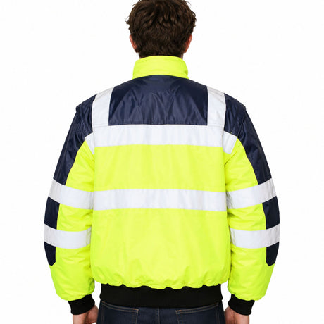 3-in-1 Hi Vis Quilted Safety Bomber Jacket - Yellow/Navy (Waterproof Reflective Workwear)
