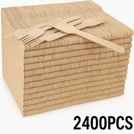 2400pcs 16cm Disposable Wooden Forks - Eco Friendly Cutlery - Extra Strong (Bulk)