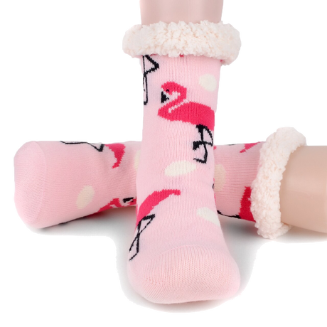 1 Pair Ladies Thick Fur Bed Socks Womens Sherpa Fluffy Non Slip - Flamingo