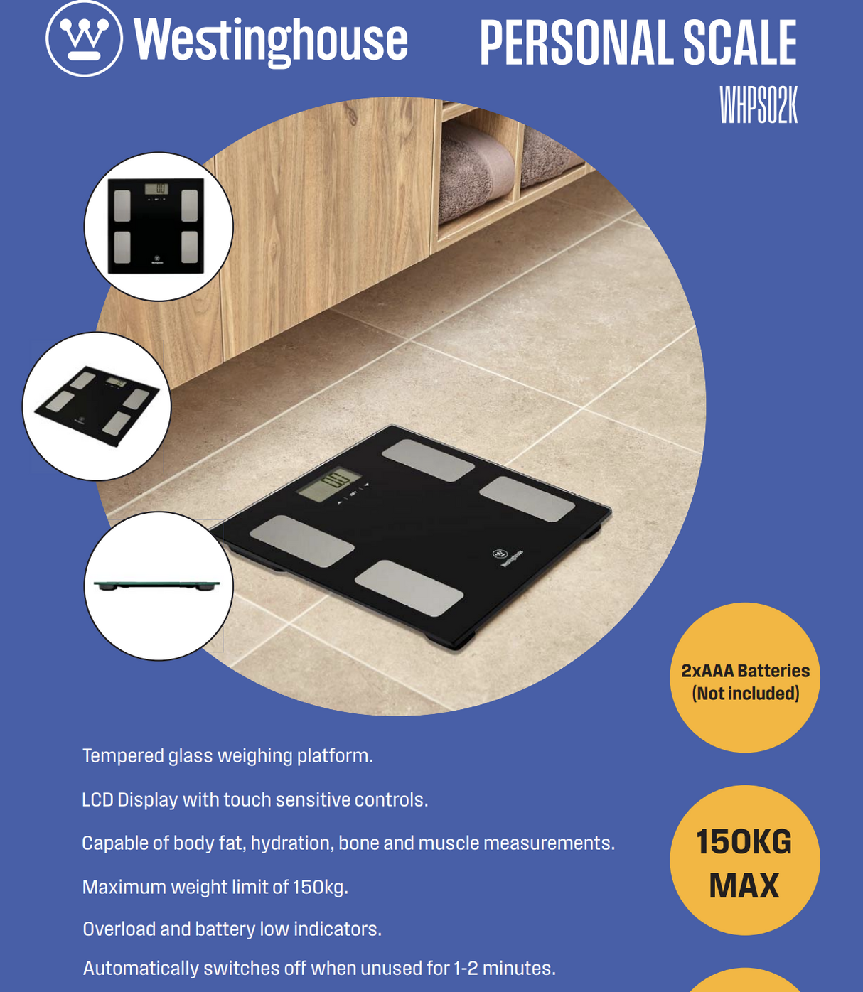 Westinghouse 150kg Bathroom Scales Bath Personal Tempered Glass Digital in Black - WHPS02K
