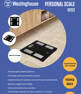 Westinghouse 150kg Bathroom Scales Bath Personal Tempered Glass Digital in Black - WHPS02K