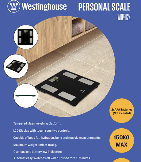Westinghouse 150kg Bathroom Scales Bath Personal Tempered Glass Digital in Black