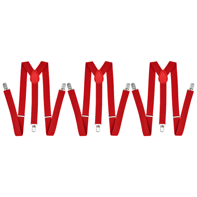 3x Red 35mm Wide Suspenders Bulk Pack - Unisex Adjustable Clip On Elastic Y-Back Braces